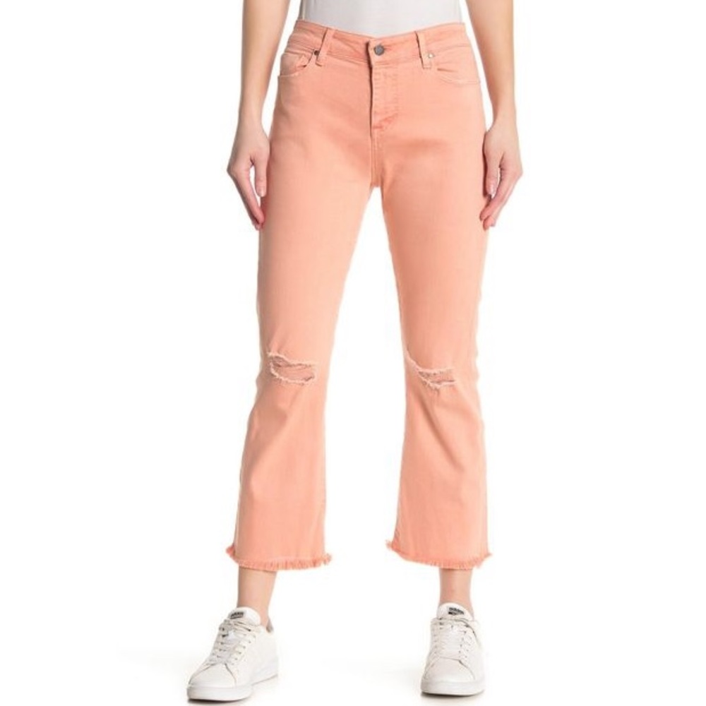 Fidelity Jeans Hayden High Rise Crop Distressed Flare in Peachy Pink